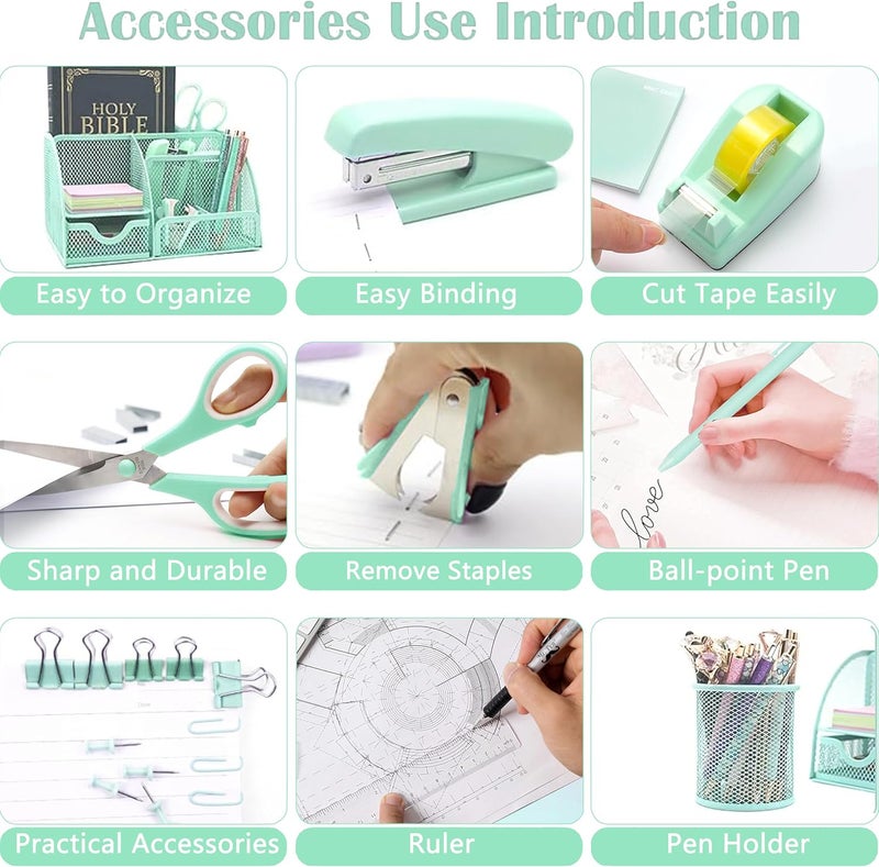 Scindaly Green Office Desk Accessories Supplies, 12pcs Desk Organizers and Accessories with Tape dispenser and Stapler,Staples,Staple Remover,Pen Holder,Scissor,Ruler,Sticky Tabs,Tape,Ballpoint Pen,Clips Set - Image 5
